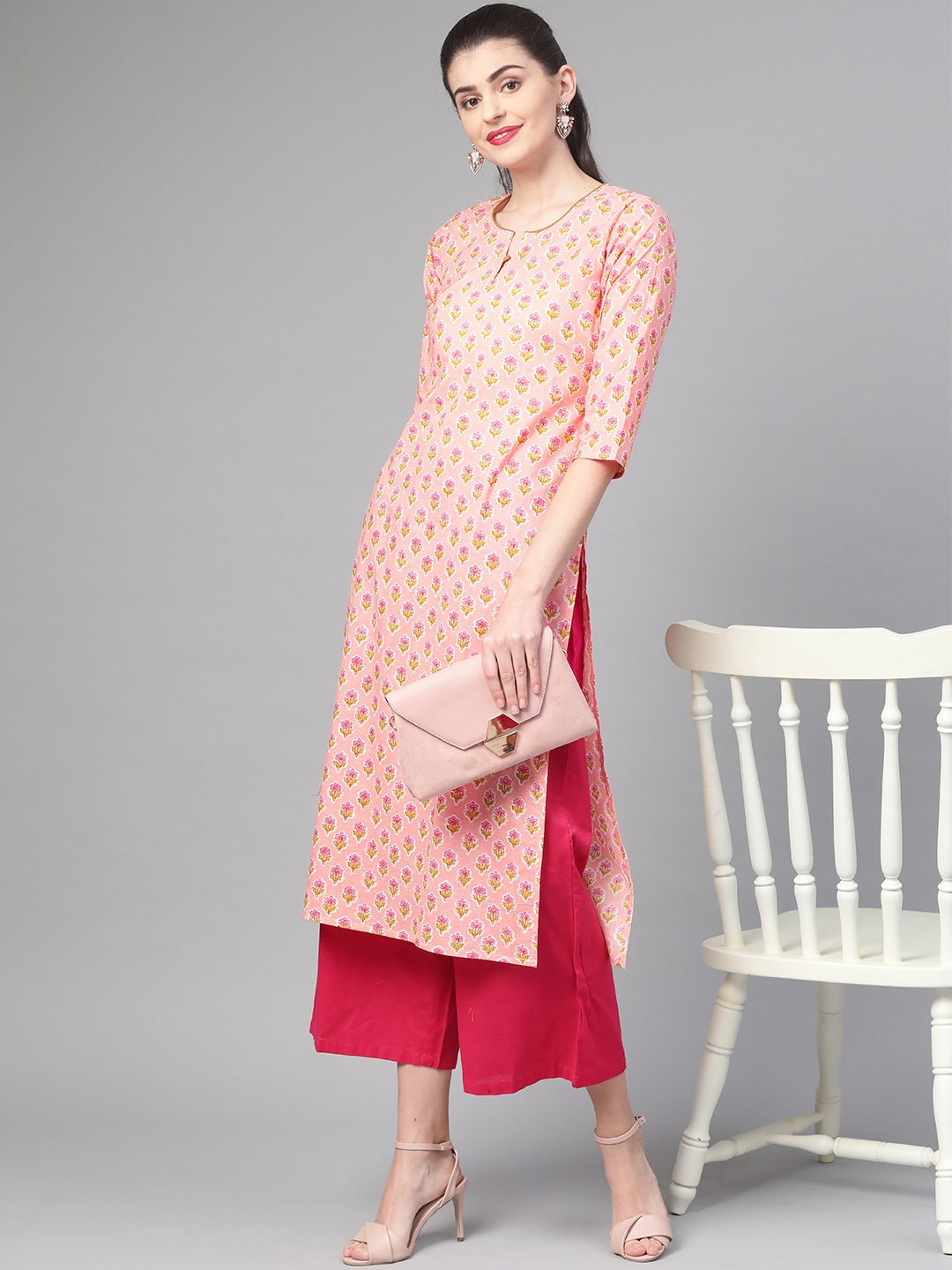 Women Peach & Yellow Cotton Straight Floral Printed Kurta | NOZ2TOZ - Made In INDIA.