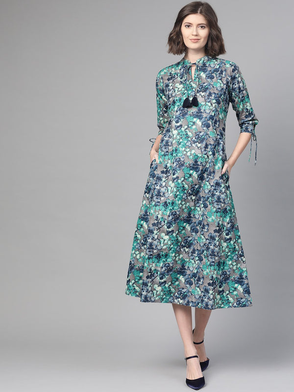 Women Grey & Navy Blue Floral Printed A-Line Dress | NOZ2TOZ - Made In INDIA.