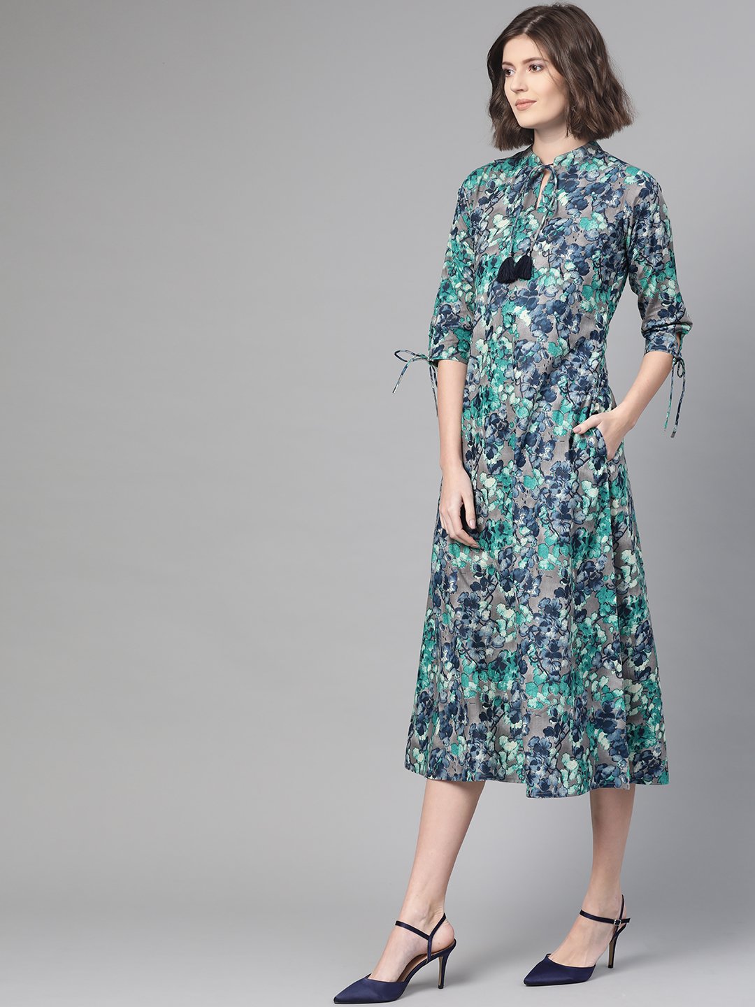 Women Grey & Navy Blue Floral Printed A-Line Dress | NOZ2TOZ - Made In INDIA.