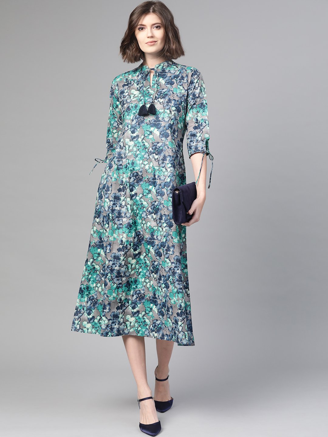 Women Grey & Navy Blue Floral Printed A-Line Dress | NOZ2TOZ - Made In INDIA.