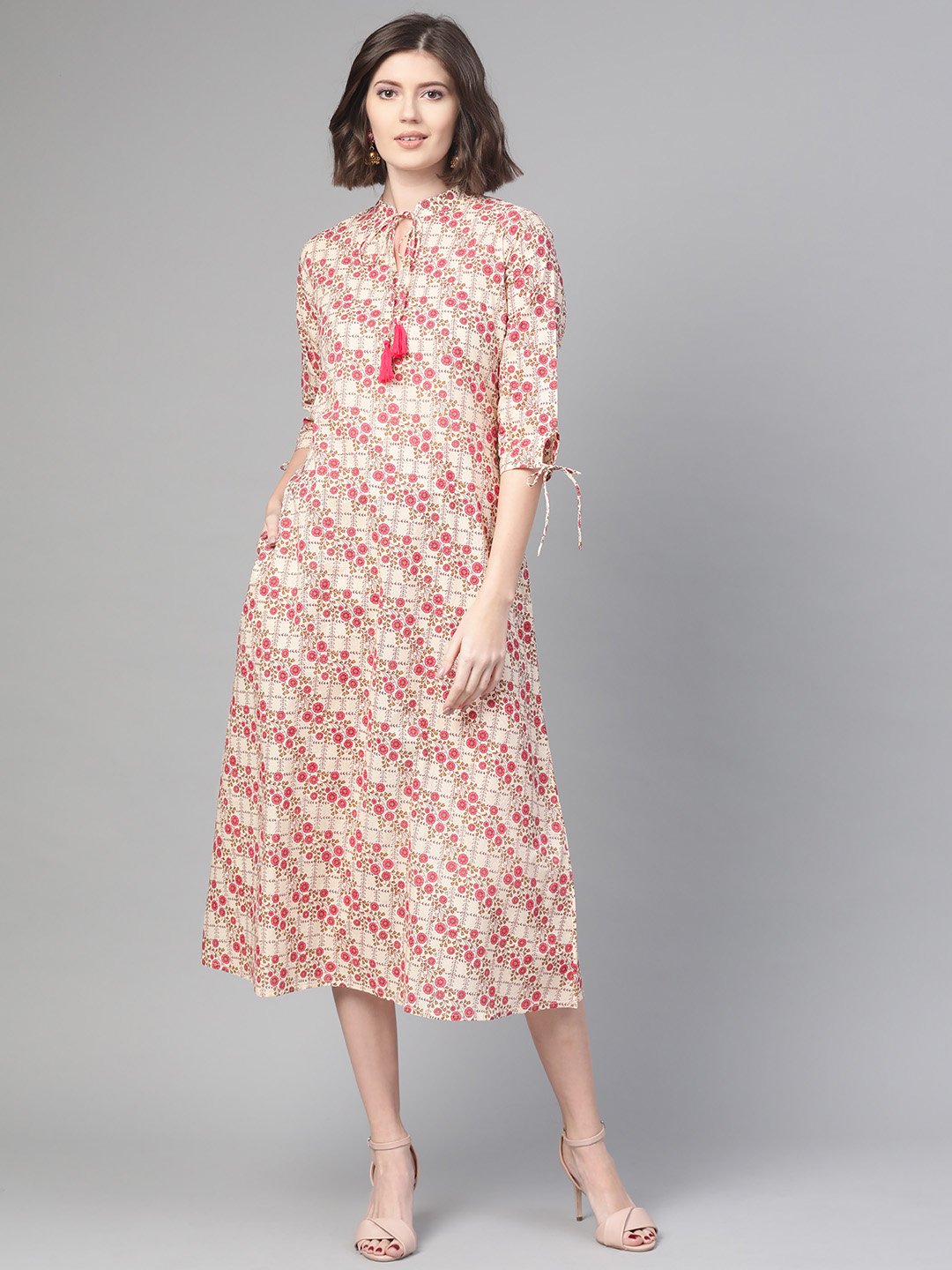 Women Off White & Pink Floral Printed A-Line Dress | NOZ2TOZ - Made In INDIA.