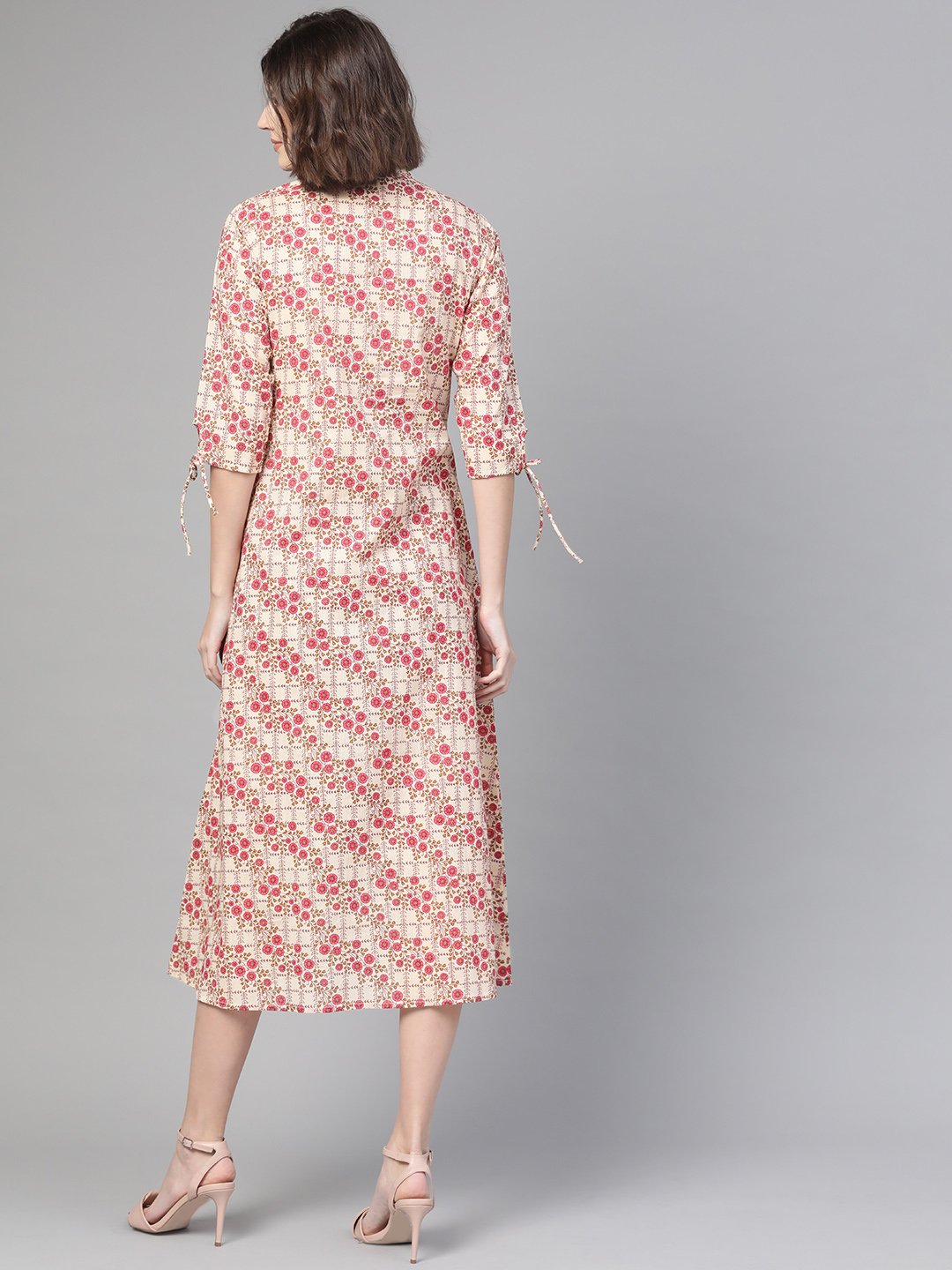 Women Off White & Pink Floral Printed A-Line Dress | NOZ2TOZ - Made In INDIA.