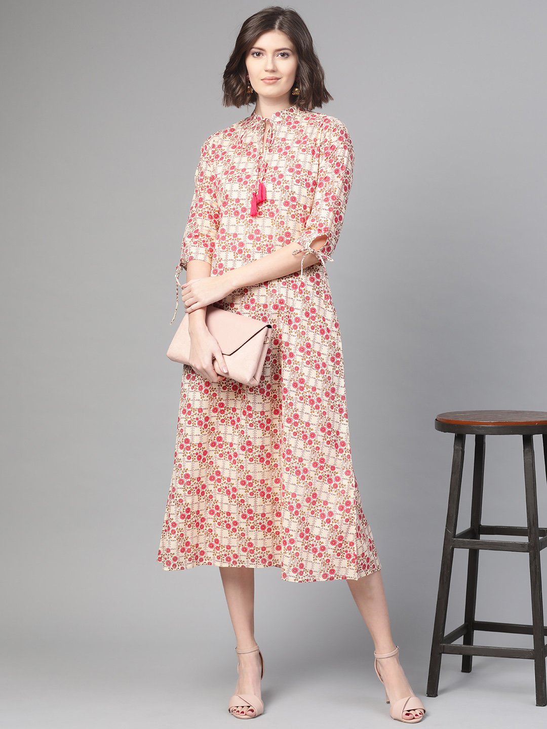 Women Off White & Pink Floral Printed A-Line Dress | NOZ2TOZ - Made In INDIA.