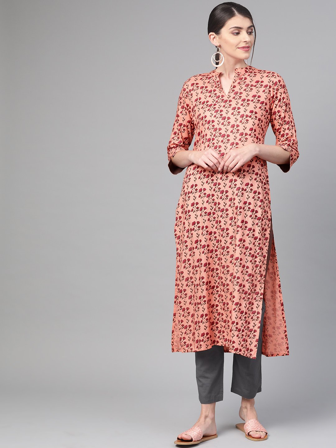 Women Peach & Burgundy Straight Floral Printed Kurta And Trousers Set | NOZ2TOZ - Made In INDIA.