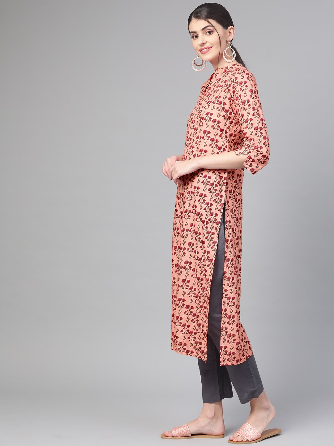 Women Peach & Burgundy Straight Floral Printed Kurta And Trousers Set | NOZ2TOZ - Made In INDIA.