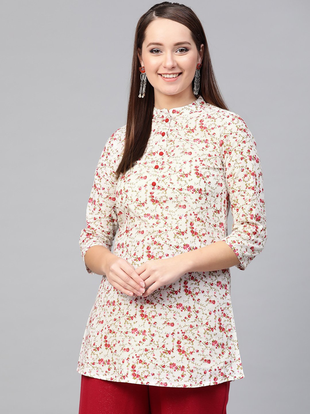 Women White & Pink Cotton Printed Mandarin Collar Tunic | NOZ2TOZ - Made In INDIA.