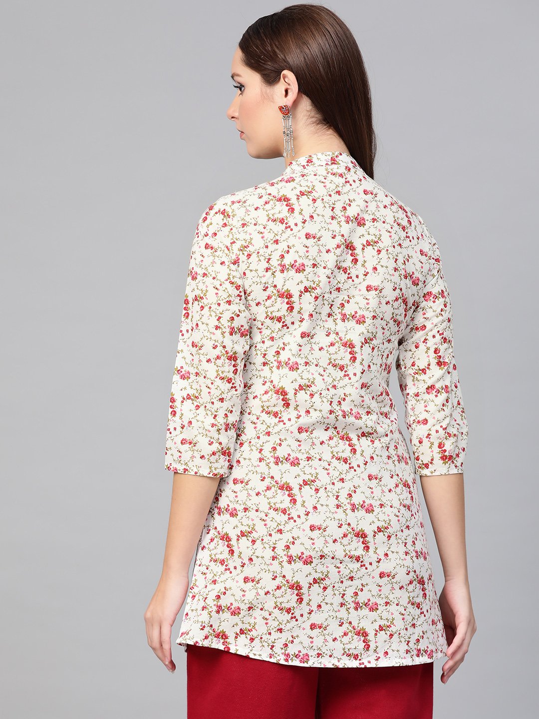 Women White & Pink Cotton Printed Mandarin Collar Tunic | NOZ2TOZ - Made In INDIA.