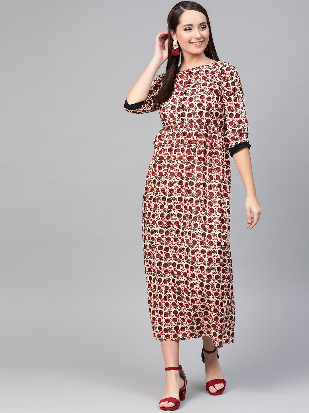 Women Cream & Brown Floral Printed Maxi Dress | NOZ2TOZ - Made In INDIA.