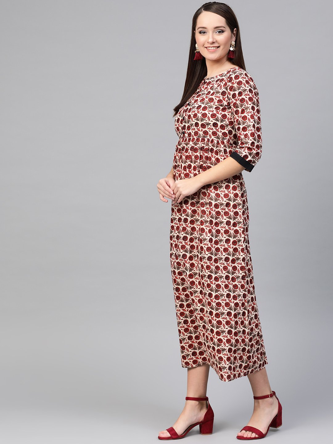 Women Cream & Brown Floral Printed Maxi Dress | NOZ2TOZ - Made In INDIA.