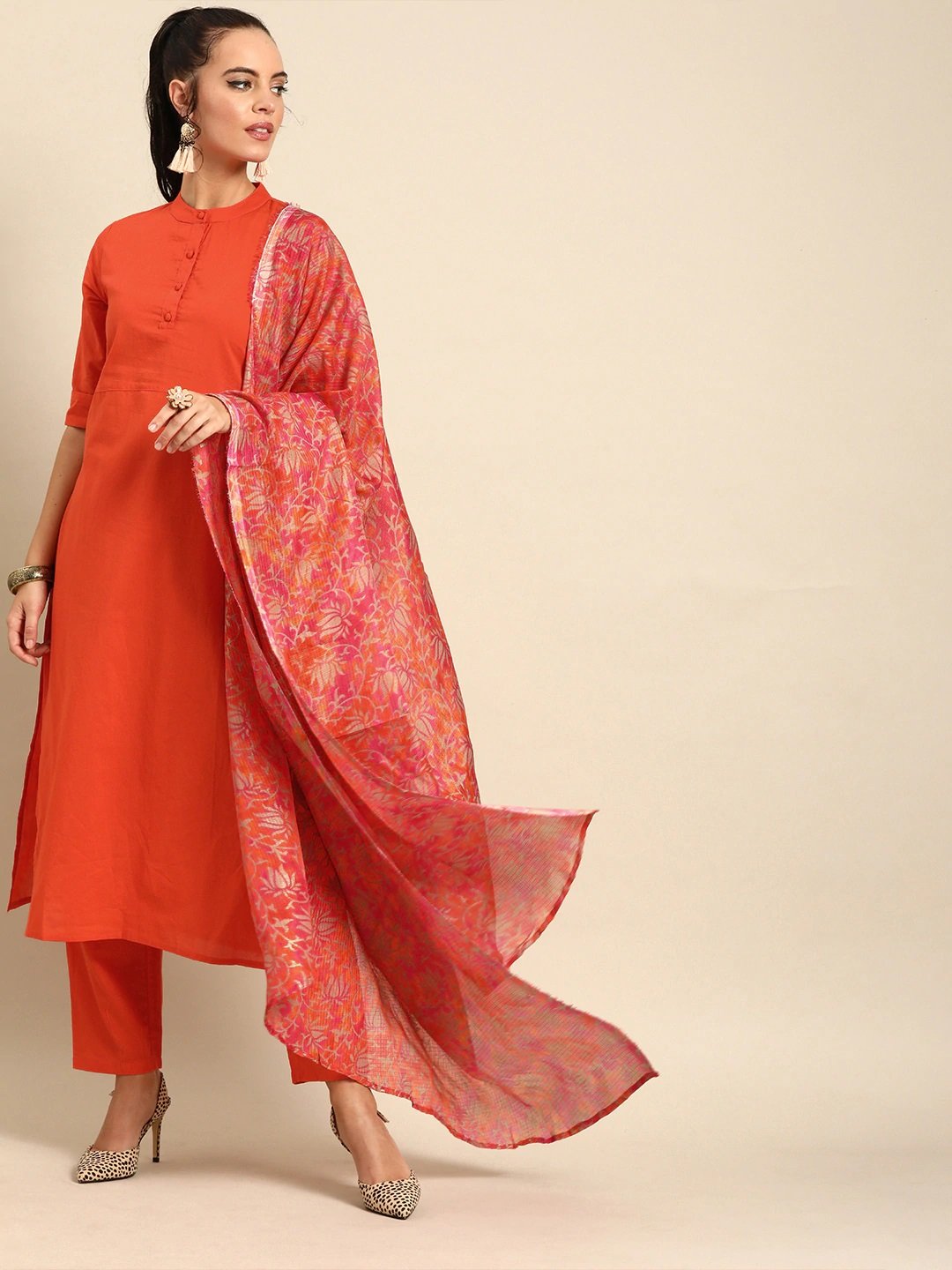 Women Orange Solid Kurta with Trousers & Dupatta | NOZ2TOZ - Made In INDIA.