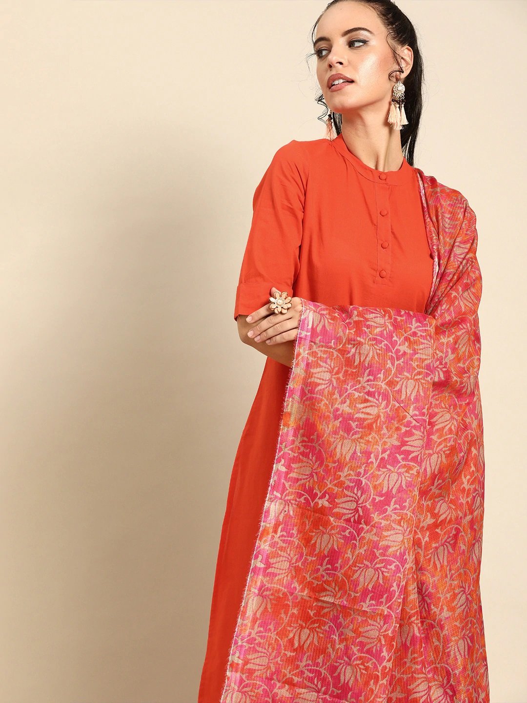 Women Orange Solid Kurta with Trousers & Dupatta | NOZ2TOZ - Made In INDIA.