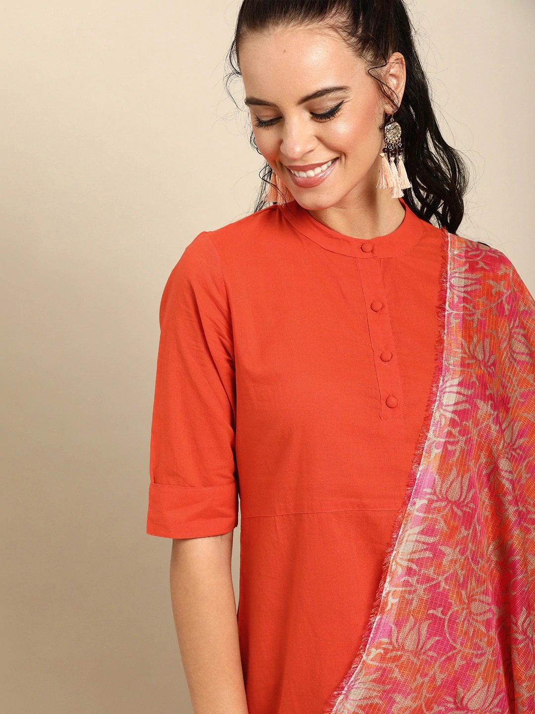 Women Orange Solid Kurta with Trousers & Dupatta | NOZ2TOZ - Made In INDIA.