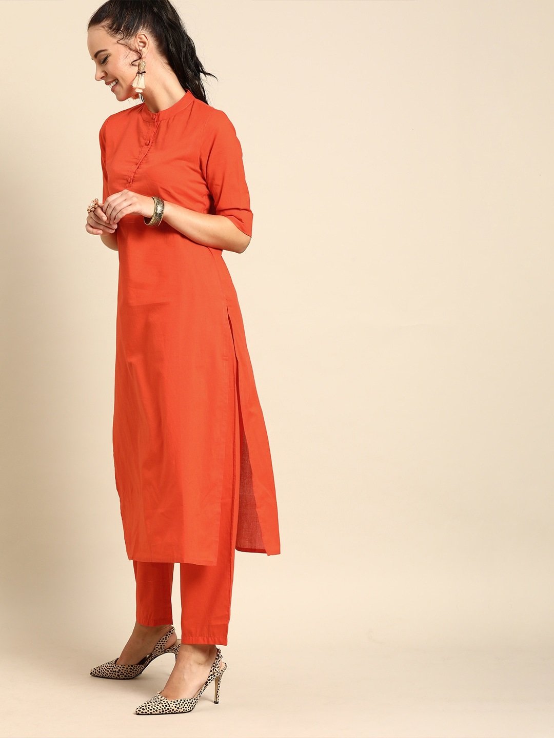 Women Orange Solid Kurta with Trousers & Dupatta | NOZ2TOZ - Made In INDIA.