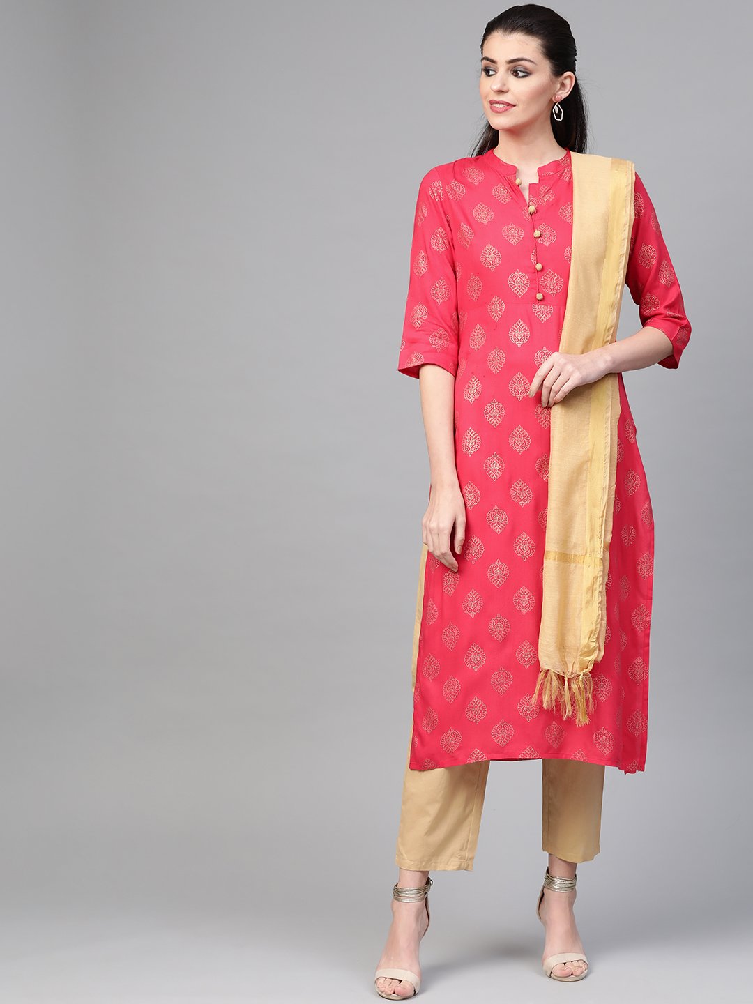 Women Pink & Gold Straight Ethnic Motifs Printed Kurta And Trousers Set | NOZ2TOZ - Made In INDIA.