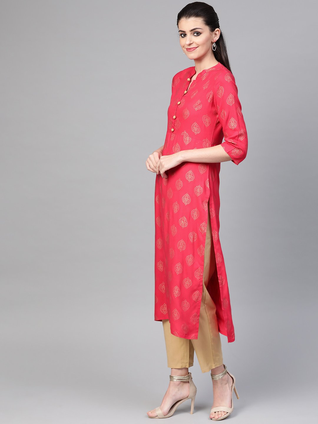 Women Pink & Gold Straight Ethnic Motifs Printed Kurta And Trousers Set | NOZ2TOZ - Made In INDIA.