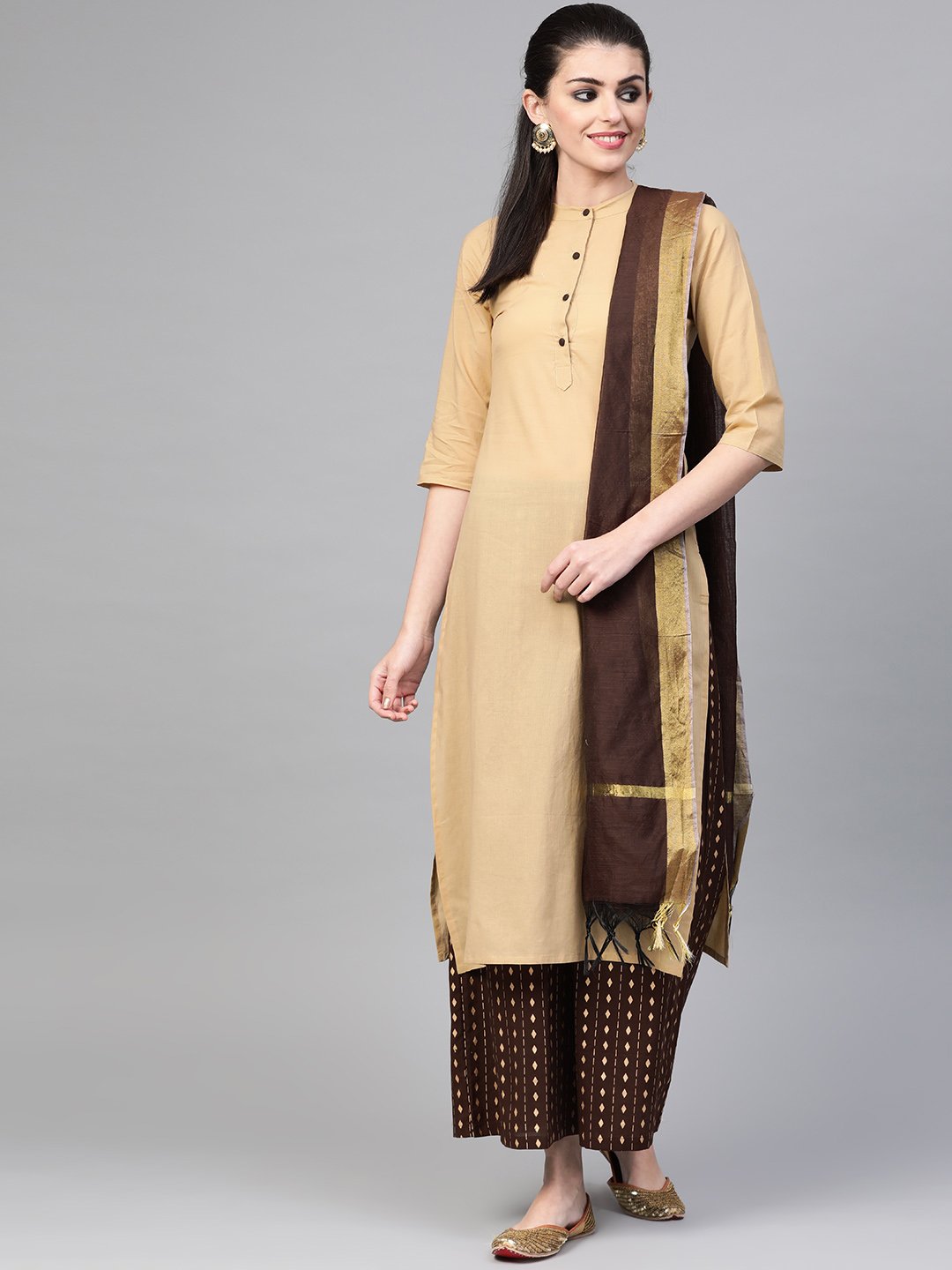 Women Beige & Brown Straight Solid Solid Kurta And Palazzos Set | NOZ2TOZ - Made In INDIA.