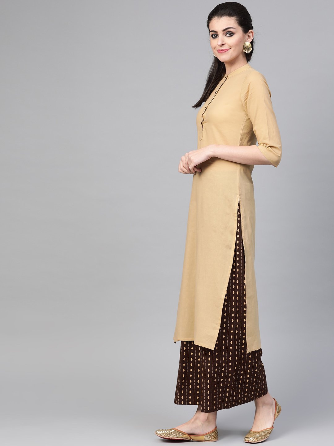 Women Beige & Brown Straight Solid Solid Kurta And Palazzos Set | NOZ2TOZ - Made In INDIA.