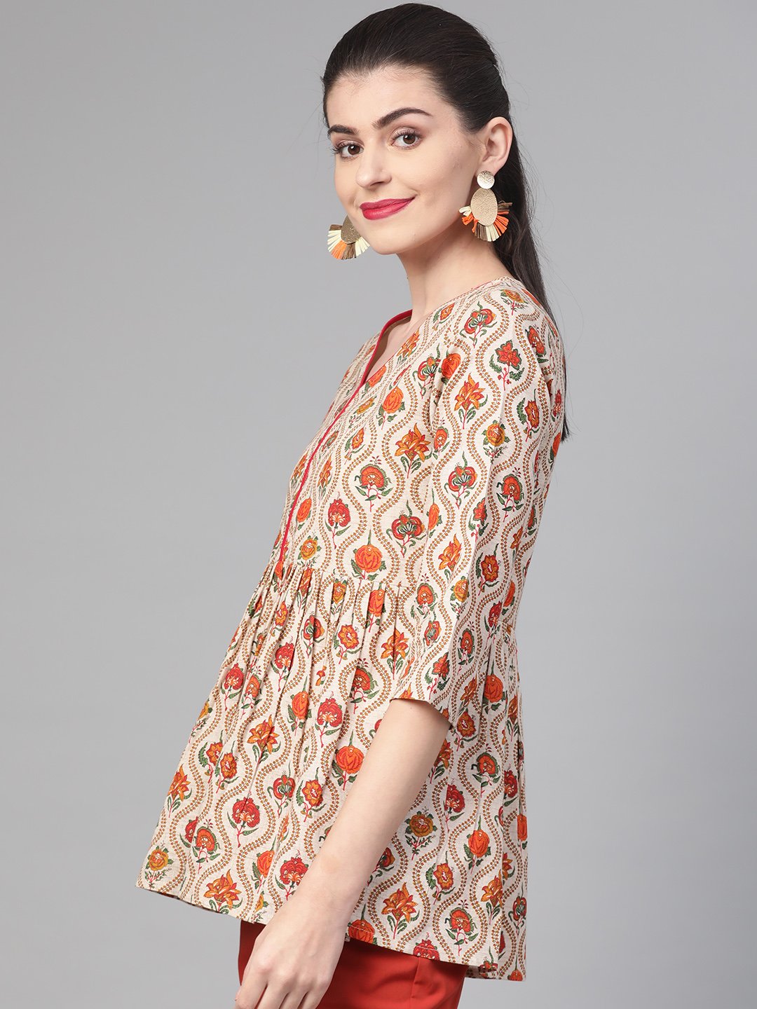 Women Cream & Orange Cotton Printed V-Neck Tunic | NOZ2TOZ - Made In INDIA.