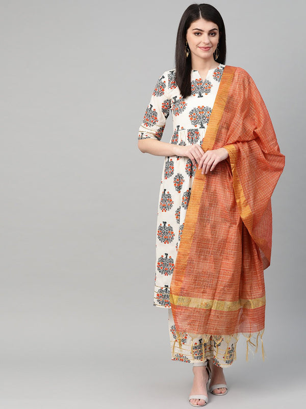 Women Off White & Rust Anarkali Floral Printed Kurta And Palazzos Set | NOZ2TOZ - Made In INDIA.