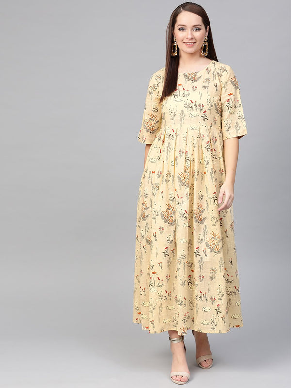 Women Cream & Orange Floral Printed Maxi Dress | NOZ2TOZ - Made In INDIA.