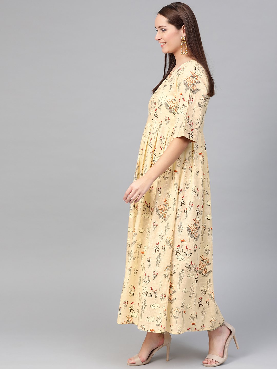 Women Cream & Orange Floral Printed Maxi Dress | NOZ2TOZ - Made In INDIA.