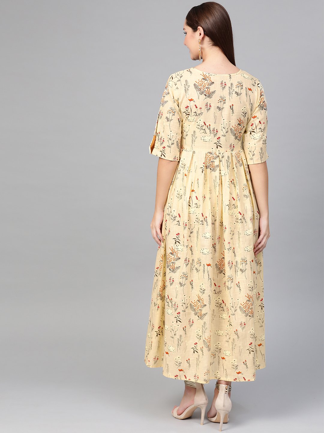 Women Cream & Orange Floral Printed Maxi Dress | NOZ2TOZ - Made In INDIA.