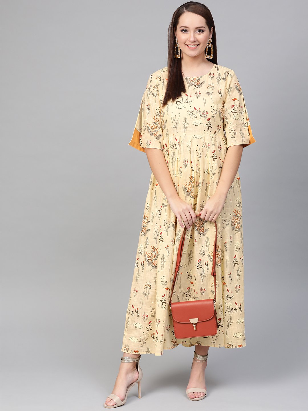 Women Cream & Orange Floral Printed Maxi Dress | NOZ2TOZ - Made In INDIA.