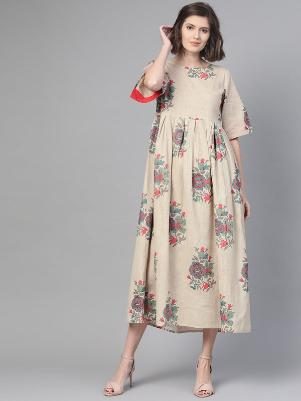 Women Cream & Coral Floral Printed Maxi Dress | NOZ2TOZ - Made In INDIA.