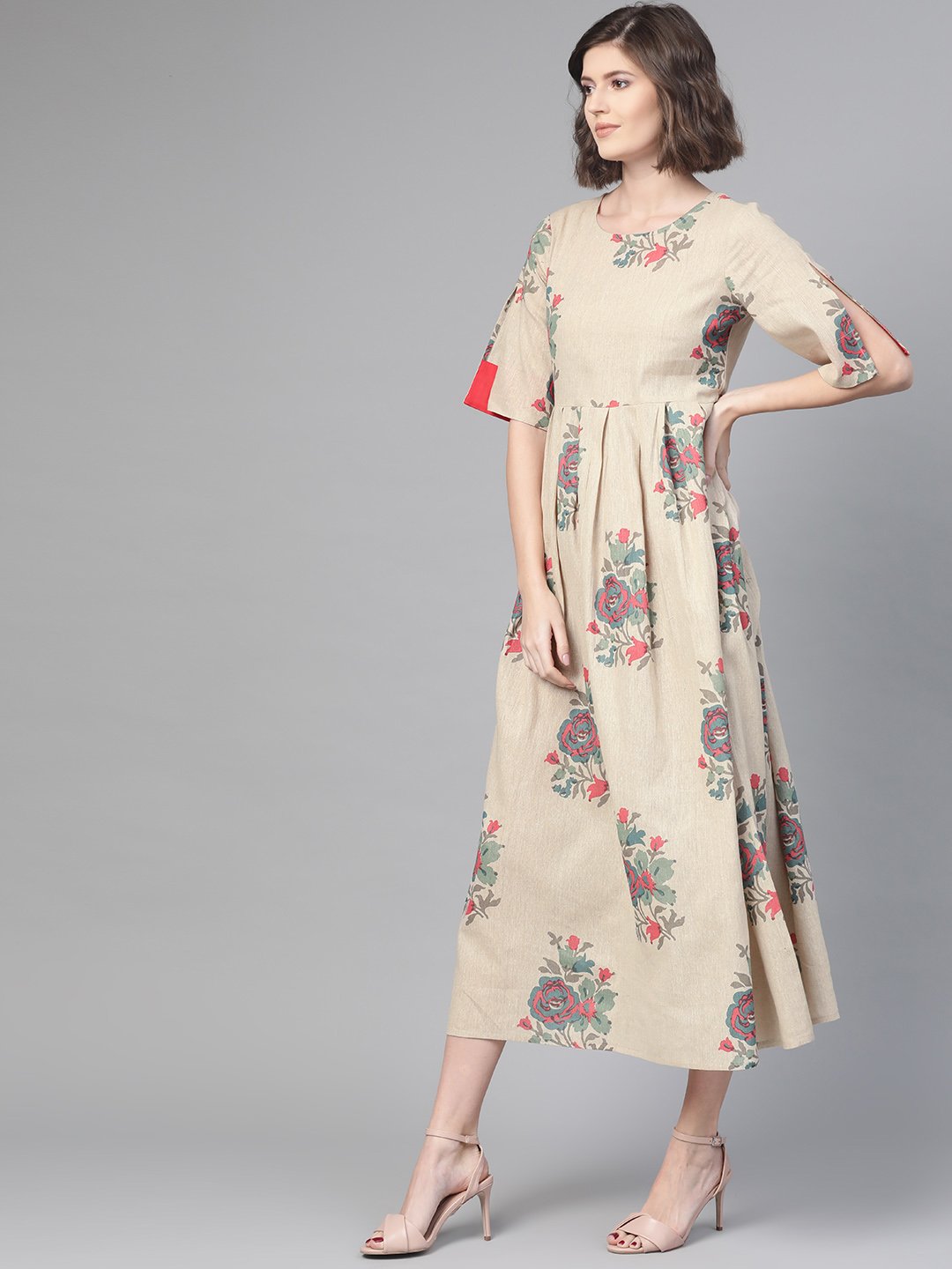 Women Cream & Coral Floral Printed Maxi Dress | NOZ2TOZ - Made In INDIA.