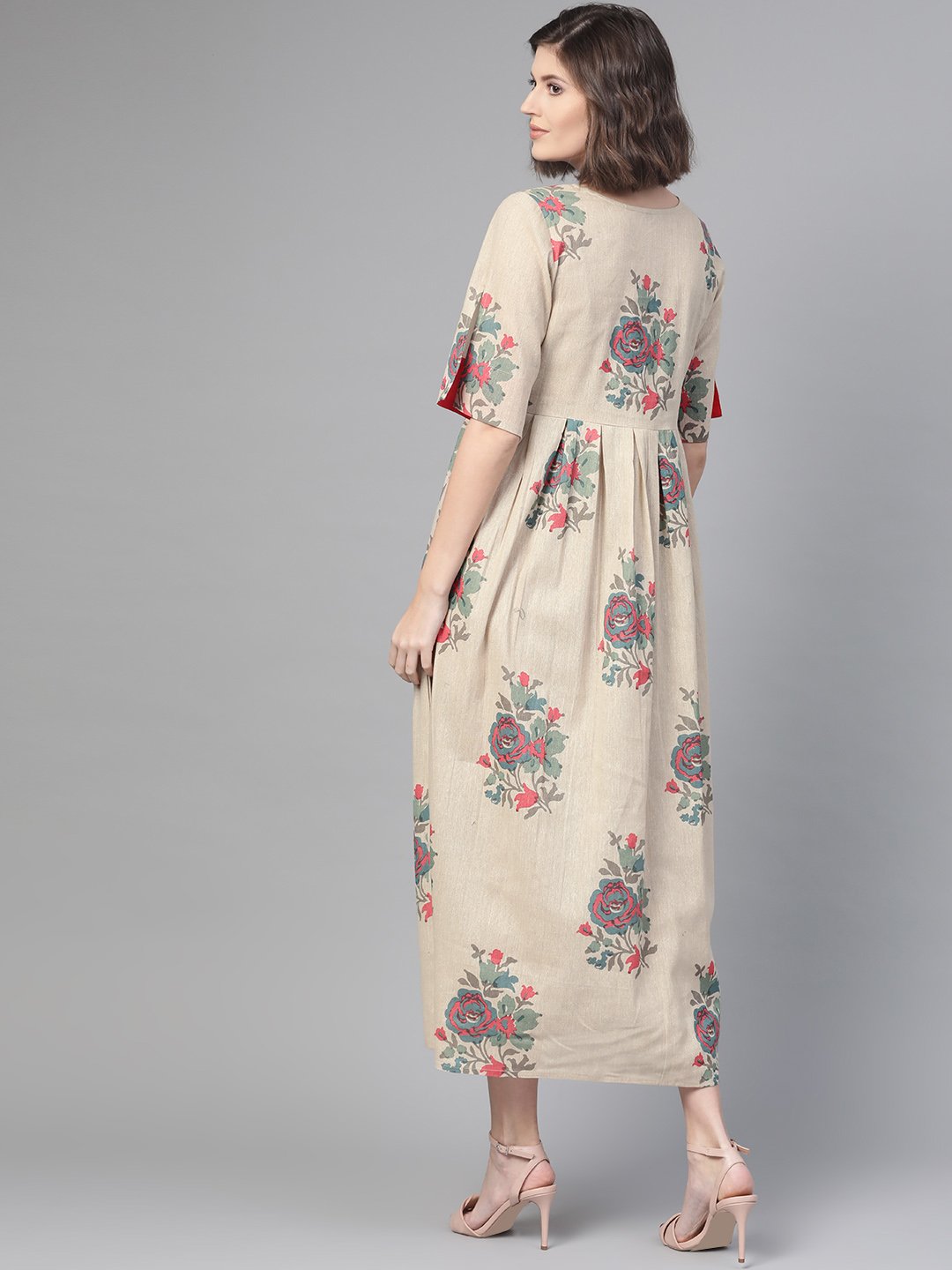 Women Cream & Coral Floral Printed Maxi Dress | NOZ2TOZ - Made In INDIA.