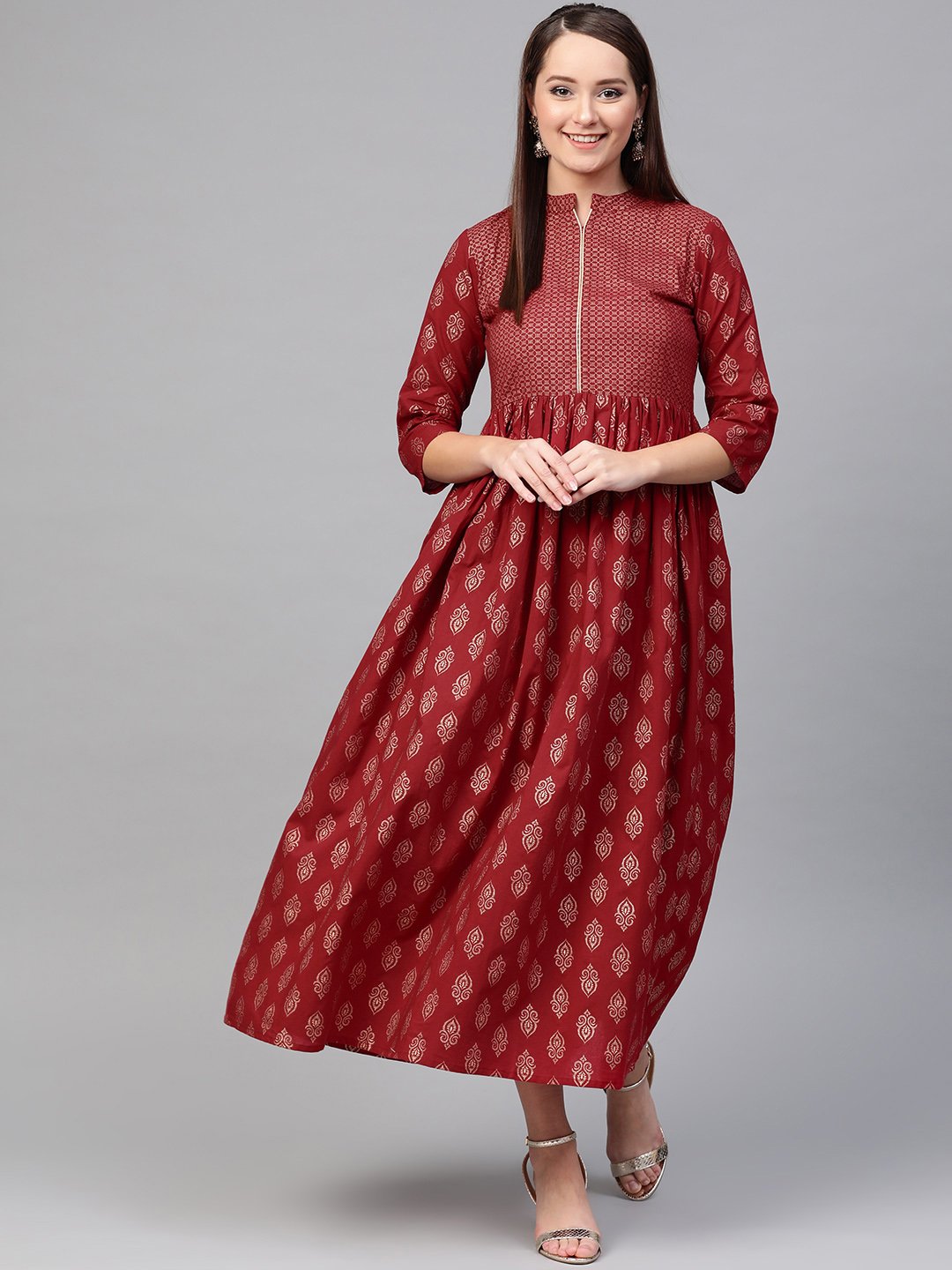 Women Maroon & Gold Ethnic Motifs Printed Maxi Dress | NOZ2TOZ - Made In INDIA.