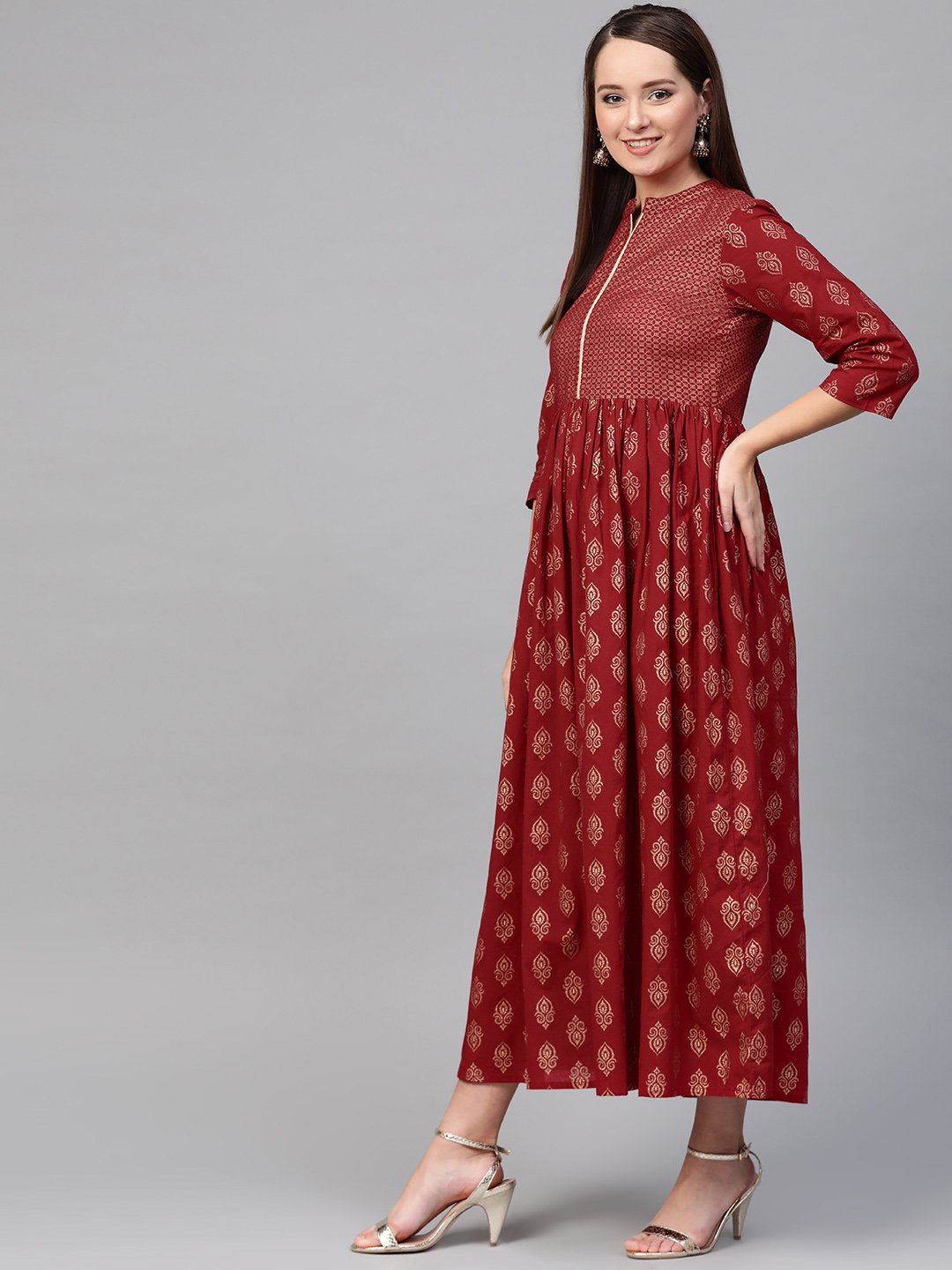 Women Maroon & Gold Ethnic Motifs Printed Maxi Dress | NOZ2TOZ - Made In INDIA.