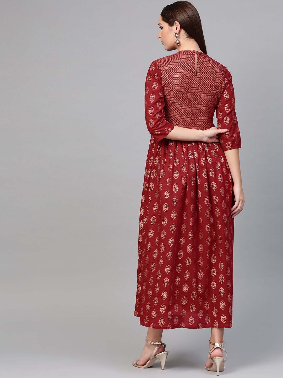 Women Maroon & Gold Ethnic Motifs Printed Maxi Dress | NOZ2TOZ - Made In INDIA.