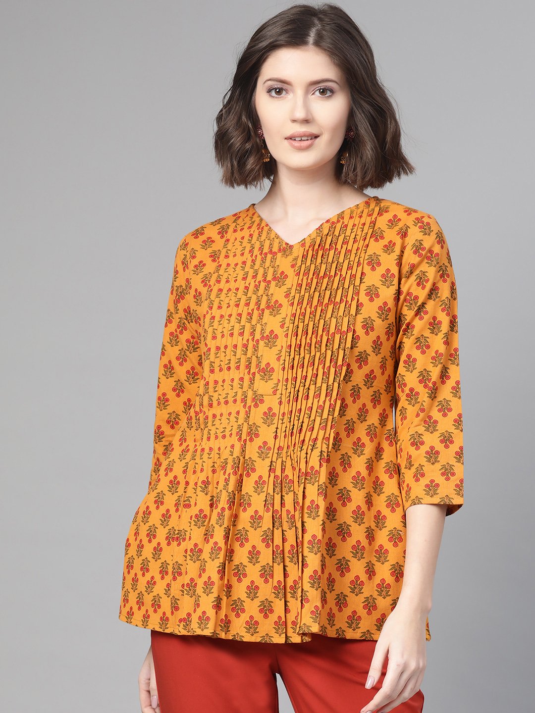 Women Mustard & Red A-Line Printed Top | NOZ2TOZ - Made In INDIA.