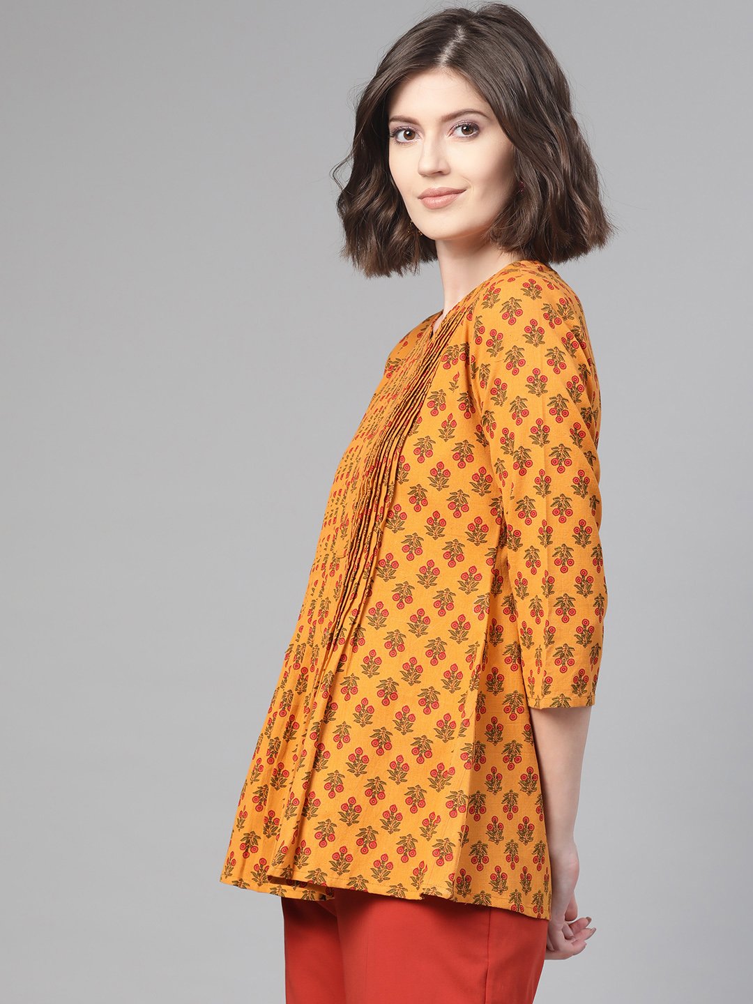 Women Mustard & Red A-Line Printed Top | NOZ2TOZ - Made In INDIA.