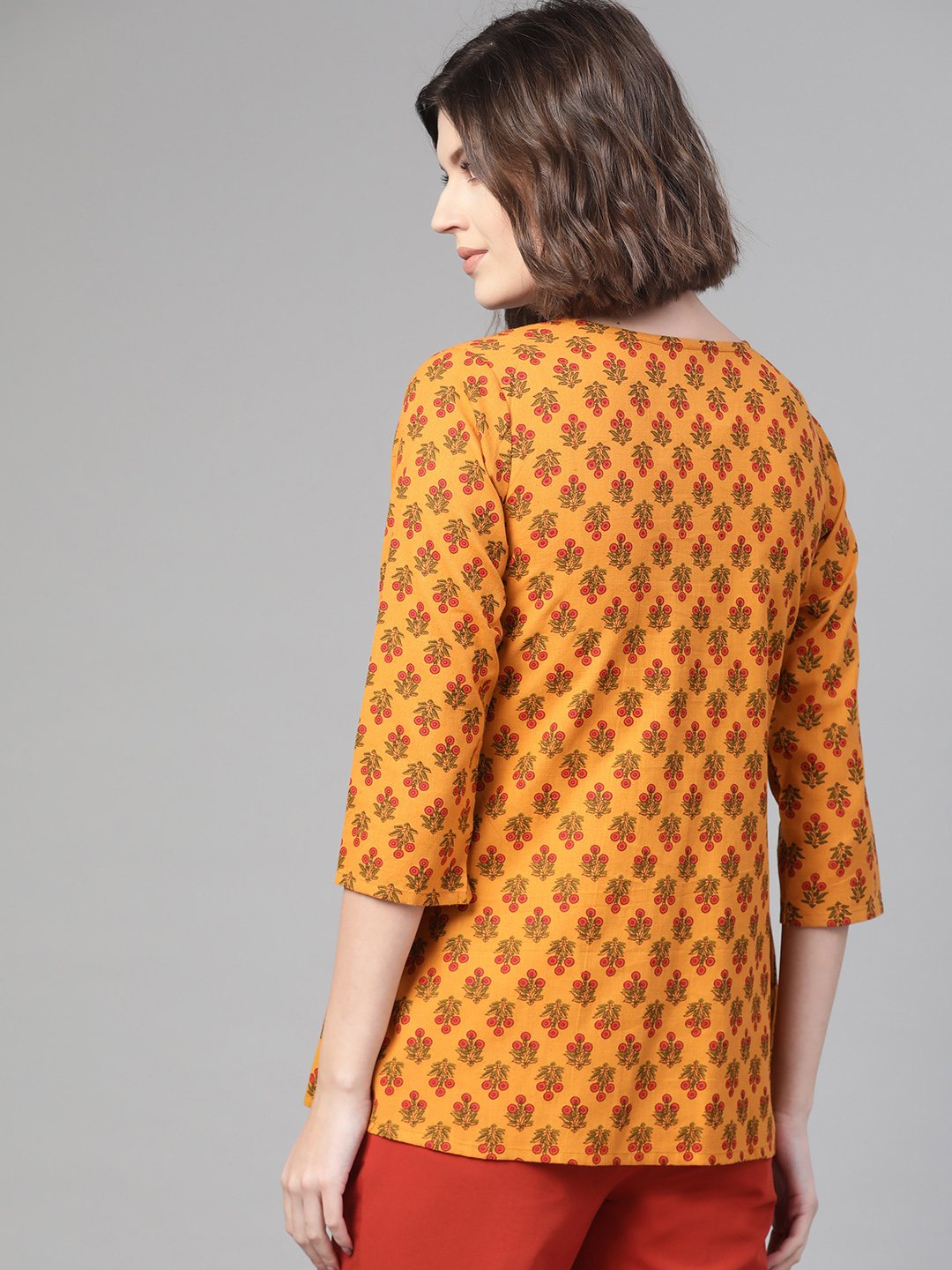 Women Mustard & Red A-Line Printed Top | NOZ2TOZ - Made In INDIA.