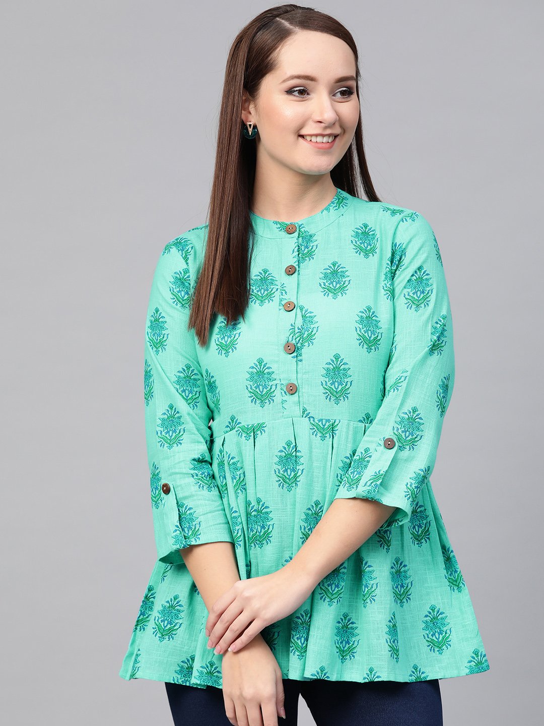 Women Blue & Green Cotton Printed Mandarin Collar Tunic | NOZ2TOZ - Made In INDIA.