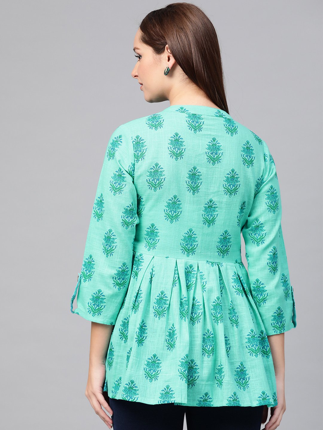 Women Blue & Green Cotton Printed Mandarin Collar Tunic | NOZ2TOZ - Made In INDIA.