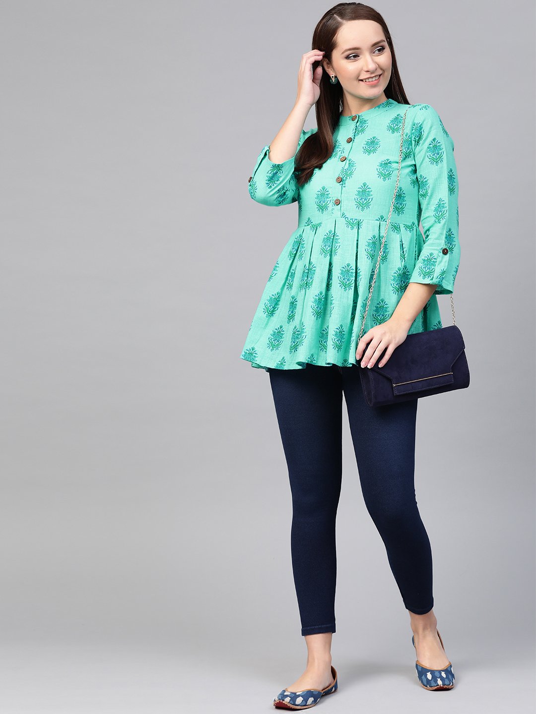 Women Blue & Green Cotton Printed Mandarin Collar Tunic | NOZ2TOZ - Made In INDIA.