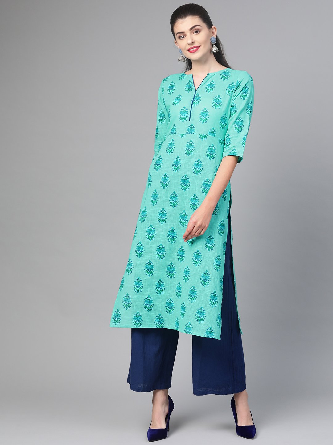 Women Blue & Green Cotton Straight Floral Printed Kurta | NOZ2TOZ - Made In INDIA.