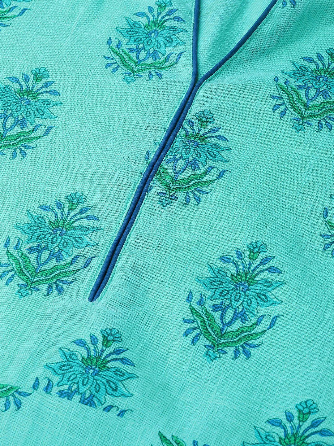 Women Blue & Green Cotton Straight Floral Printed Kurta | NOZ2TOZ - Made In INDIA.