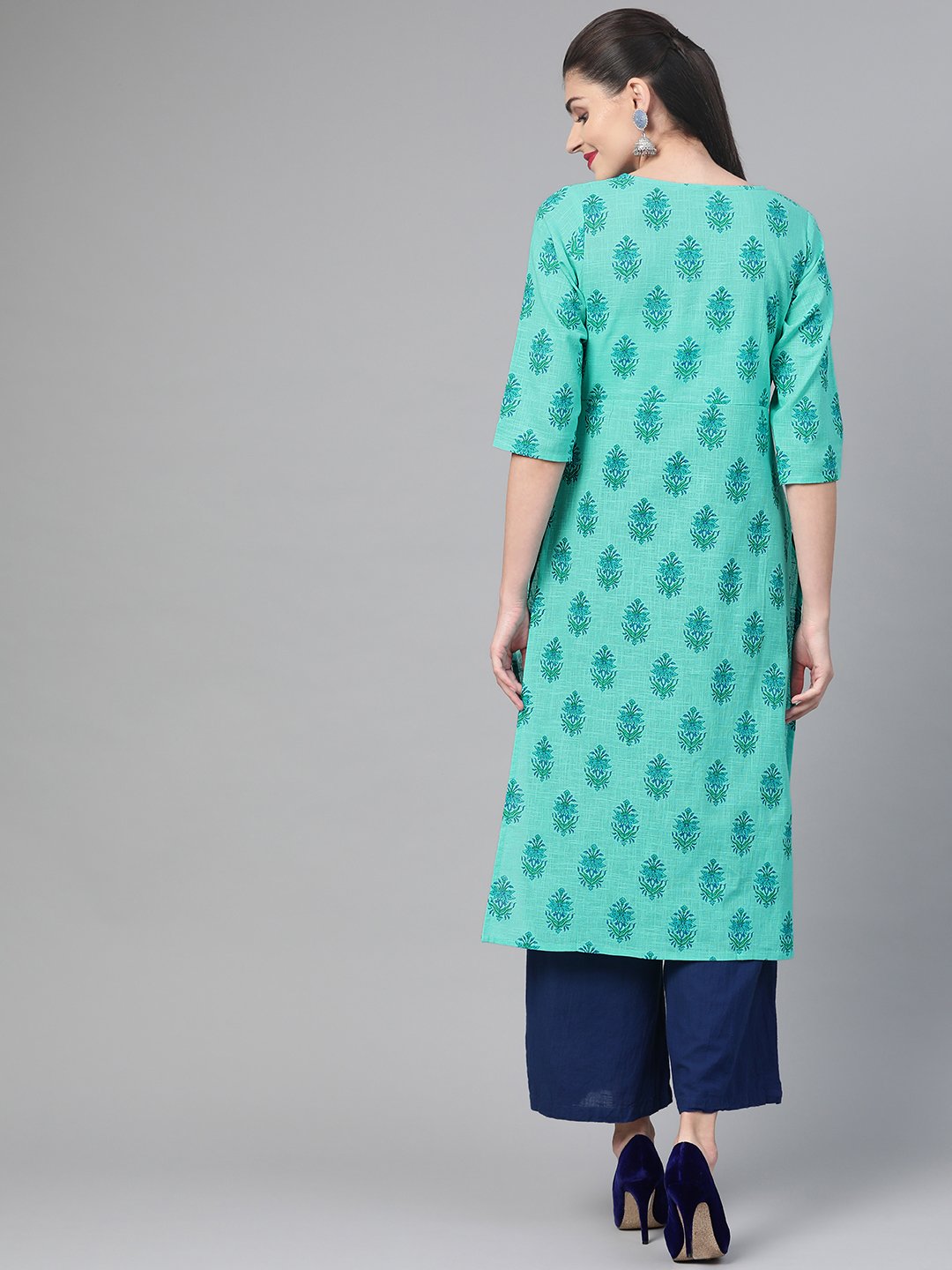 Women Blue & Green Cotton Straight Floral Printed Kurta | NOZ2TOZ - Made In INDIA.