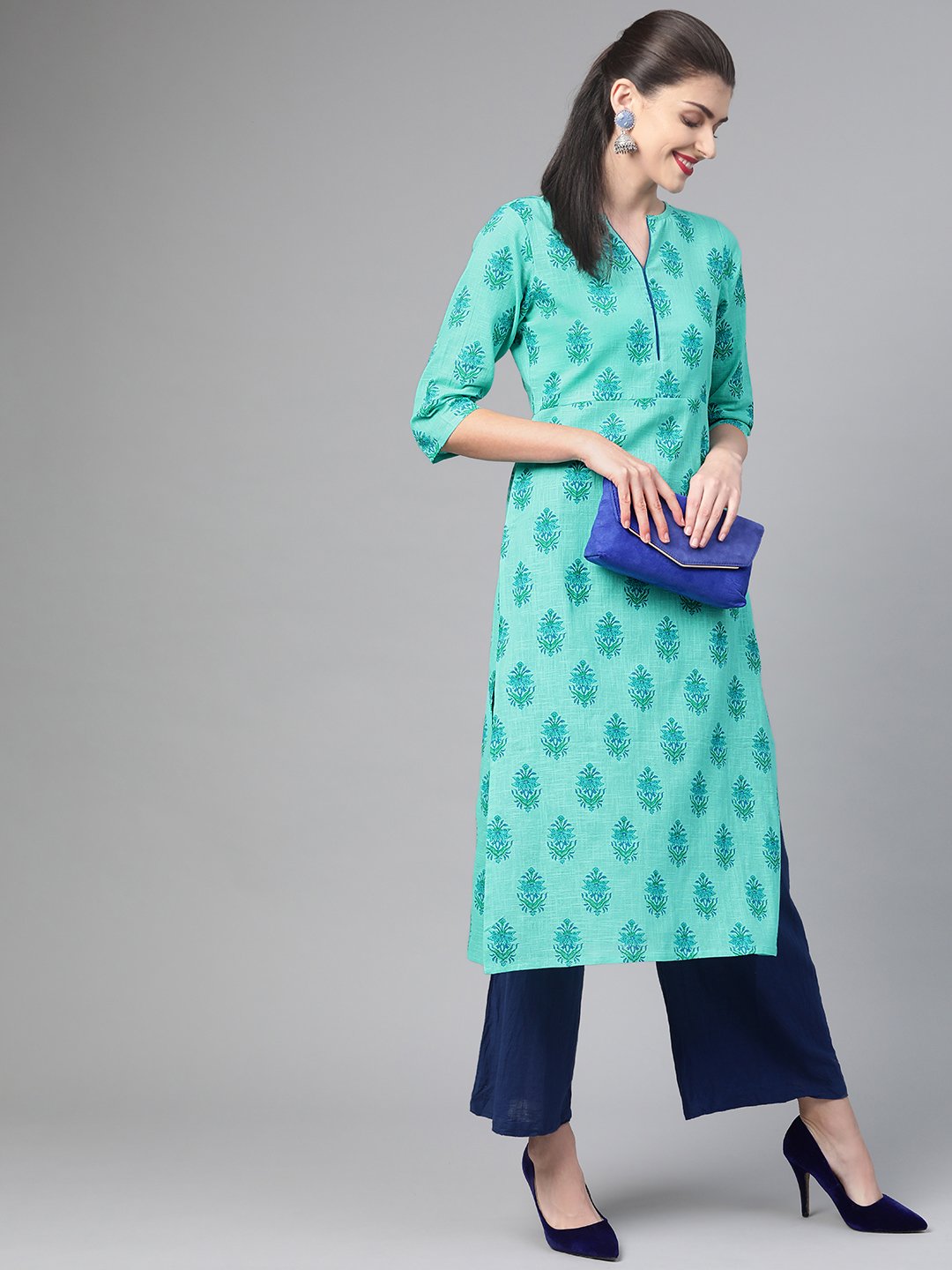 Women Blue & Green Cotton Straight Floral Printed Kurta | NOZ2TOZ - Made In INDIA.