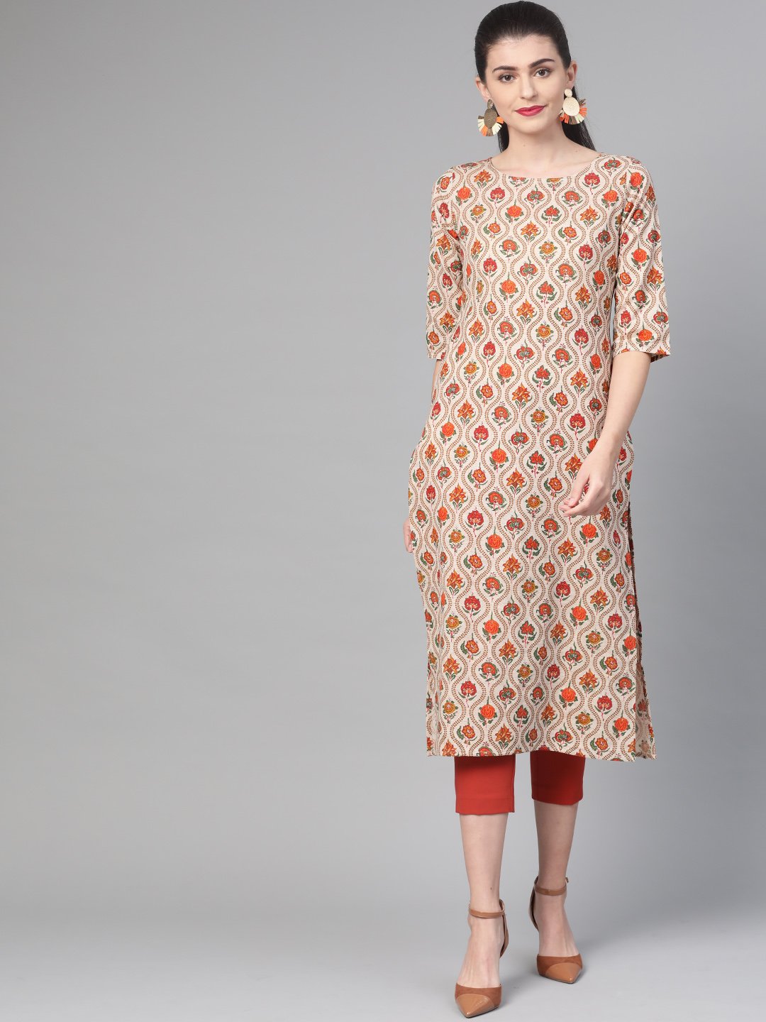 Women Cream & Orange Cotton Straight Floral Printed Kurta | NOZ2TOZ - Made In INDIA.