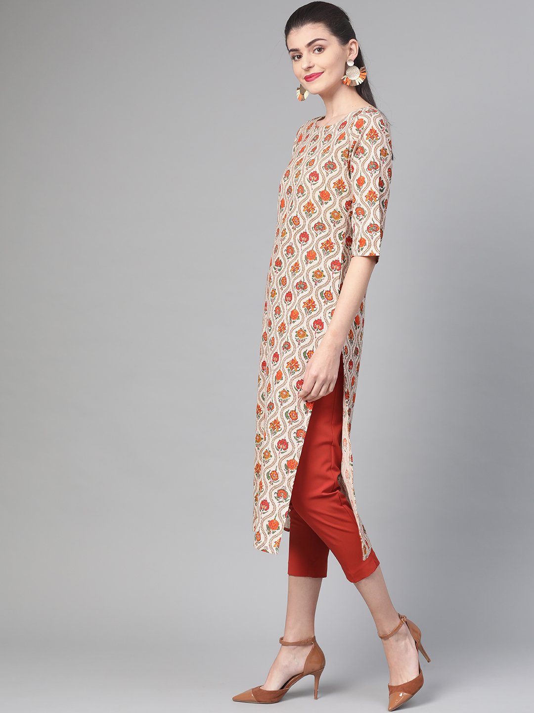 Women Cream & Orange Cotton Straight Floral Printed Kurta | NOZ2TOZ - Made In INDIA.