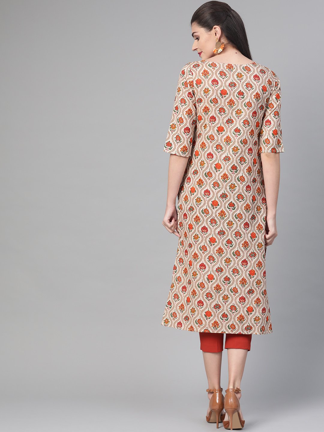 Women Cream & Orange Cotton Straight Floral Printed Kurta | NOZ2TOZ - Made In INDIA.