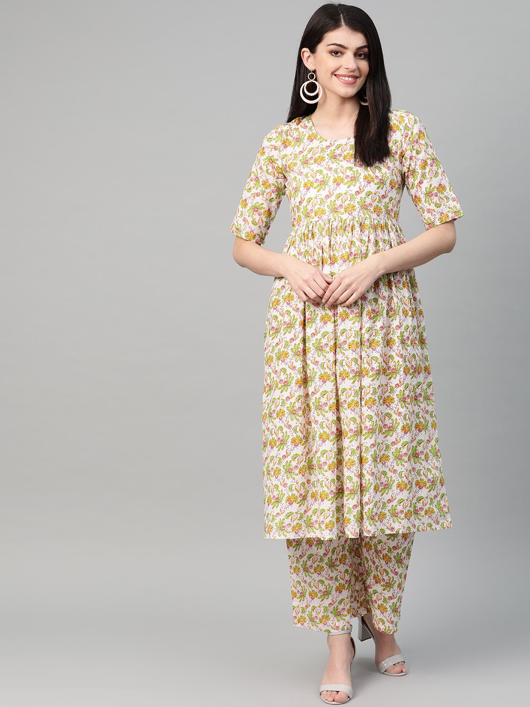 Women Off White & Mustard Anarkali Floral Printed Kurta And Palazzos Set | NOZ2TOZ - Made In INDIA.