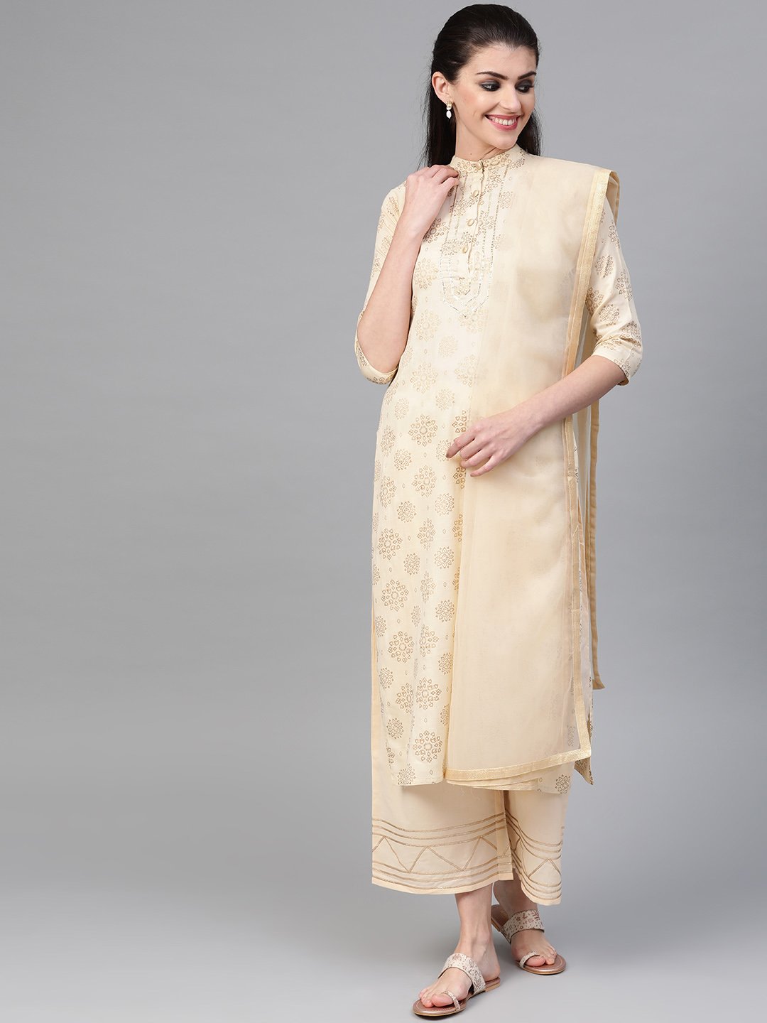 Women Cream & Gold Straight Ethnic Motifs Printed Kurta And Palazzos Set | NOZ2TOZ - Made In INDIA.