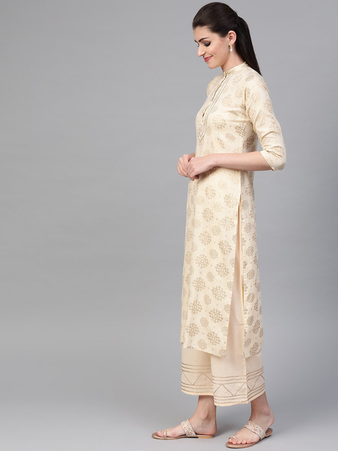 Women Cream & Gold Straight Ethnic Motifs Printed Kurta And Palazzos Set | NOZ2TOZ - Made In INDIA.