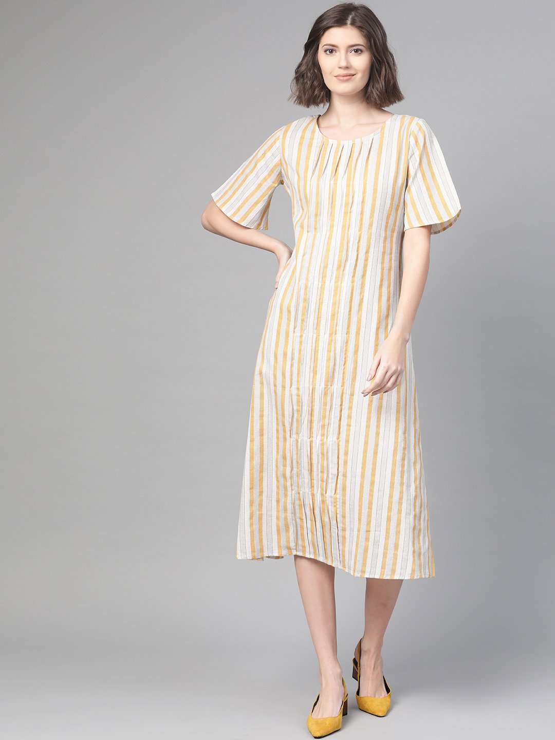 Women Off White & Mustard Striped Striped A-Line Dress | NOZ2TOZ - Made In INDIA.